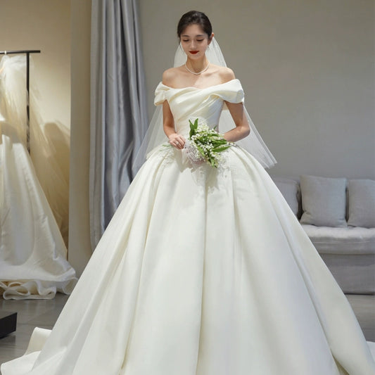off-Shoulder Main Wedding Dress Small Satin 2023 New Arrival Bride Going out Main Yarn Vintage Satin Satin Palace Style Main Yarn