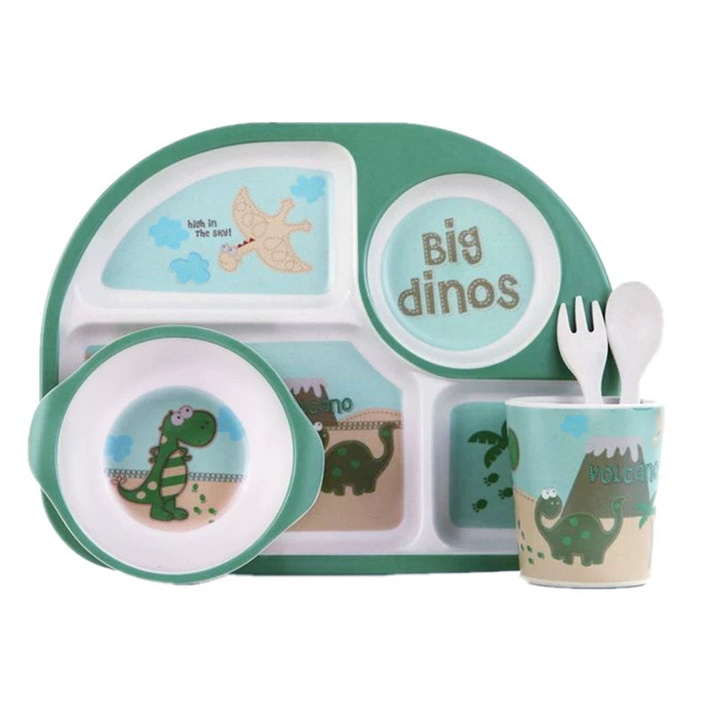 Bamboo Fiber Kids Tableware Kids Set Cartoon Grid Plate Baby Rice Bowl Drop-Resistant Spork Chopsticks Complementary Food Good Vibrations