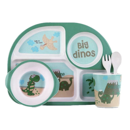 Bamboo Fiber Kids Tableware Kids Set Cartoon Grid Plate Baby Rice Bowl Drop-Resistant Spork Chopsticks Complementary Food Good Vibrations