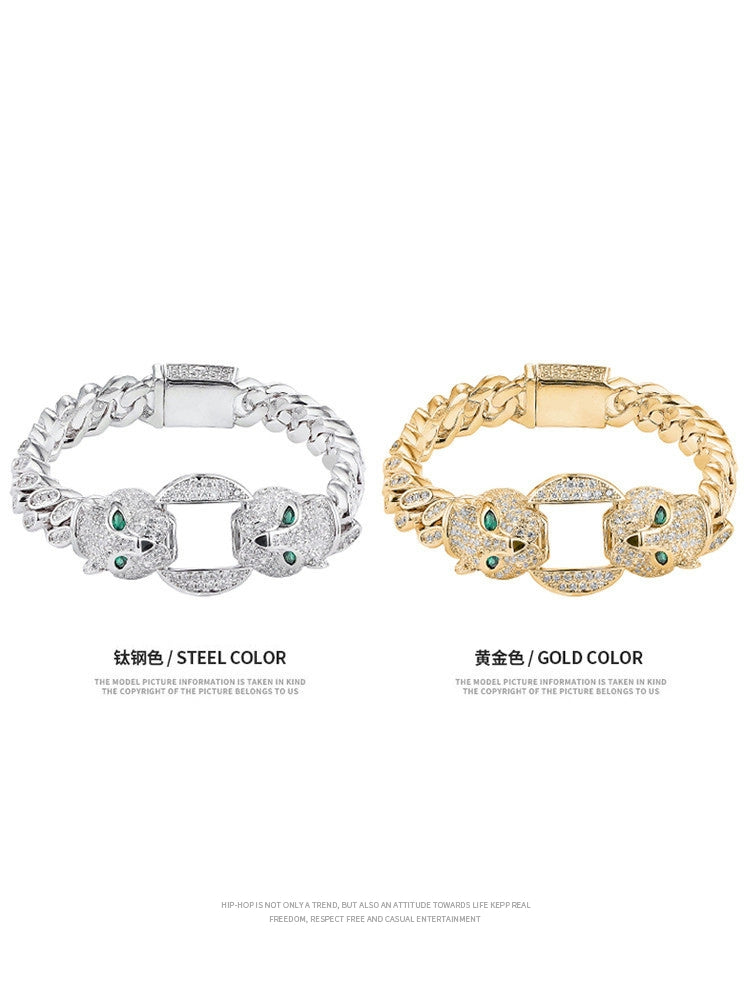 Accessible Luxury Double-Headed Leopard Titanium Steel Hip Hop Style Men's Bracelet Good Vibrations