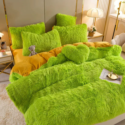 White Wave Fox Colorful Plush Mink Fur Four-Piece Coral Velvet Winter Flannel Duvet Cover Double-Sided Velvet Bed Sheet Fitted Sheet Good Vibrations