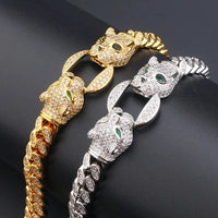 Double Leopard Head Bracelet Men White Gold Color Ponytail Woven Rhinestone-Encrusted Jewelry Stylish Fashion European and American Style Domineering Good Vibrations