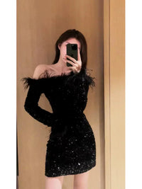 -Shoulder Sequin Sexy Dress for Birthday Party Nightclub GOOD Vibrations