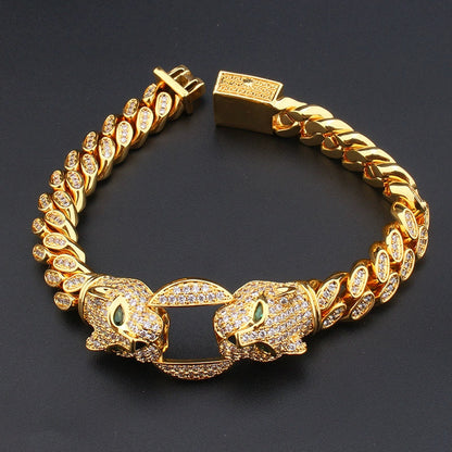 Double Leopard Head Bracelet Men White Gold Color Ponytail Woven Rhinestone-Encrusted Jewelry Stylish Fashion European and American Style Domineering Good Vibrations