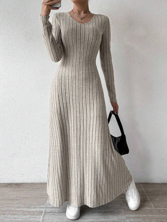 European and American Cross-Border Amazon Dress Slim Fashion Women's Knitted Pure Color Long-Sleeved A-Line Street Long Skirt for Women Good Vibrations