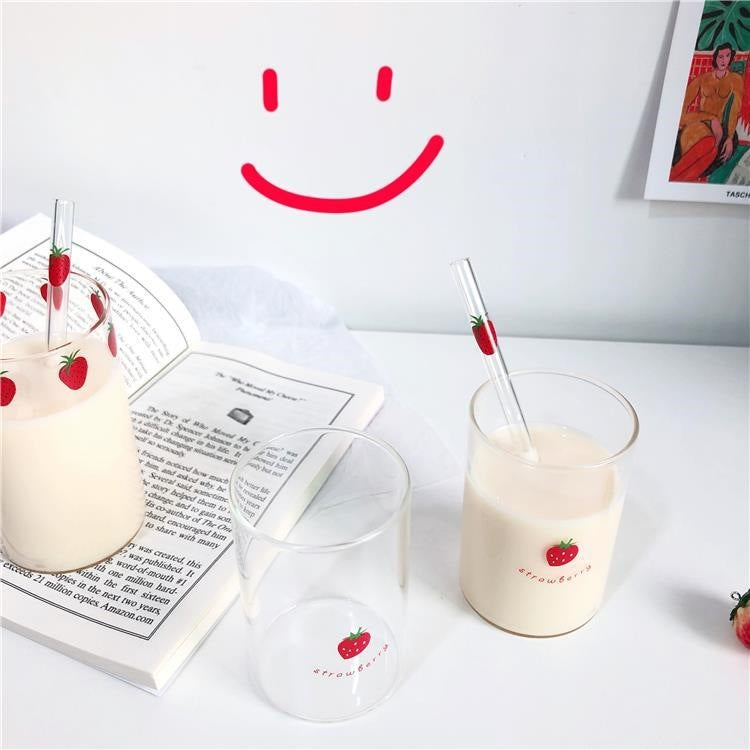 300ml Strawberry Cute Glass Cup With Straw Creative Transparent Water Cup Student Milk Heat Resistant Glass Nana Good Vibrations