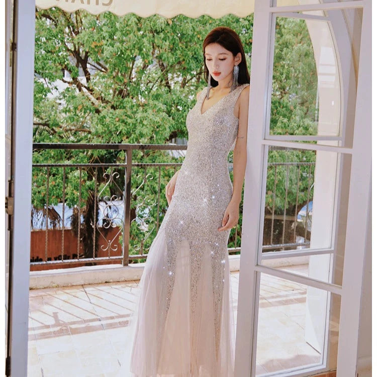 Fairy Lady Super Fairy Mori Style Evening Gown Women's New Arrival Banquet Temperament Elegance Annual Meeting Long Style Fishtail Sequins Sexy Gown Good Vibrations