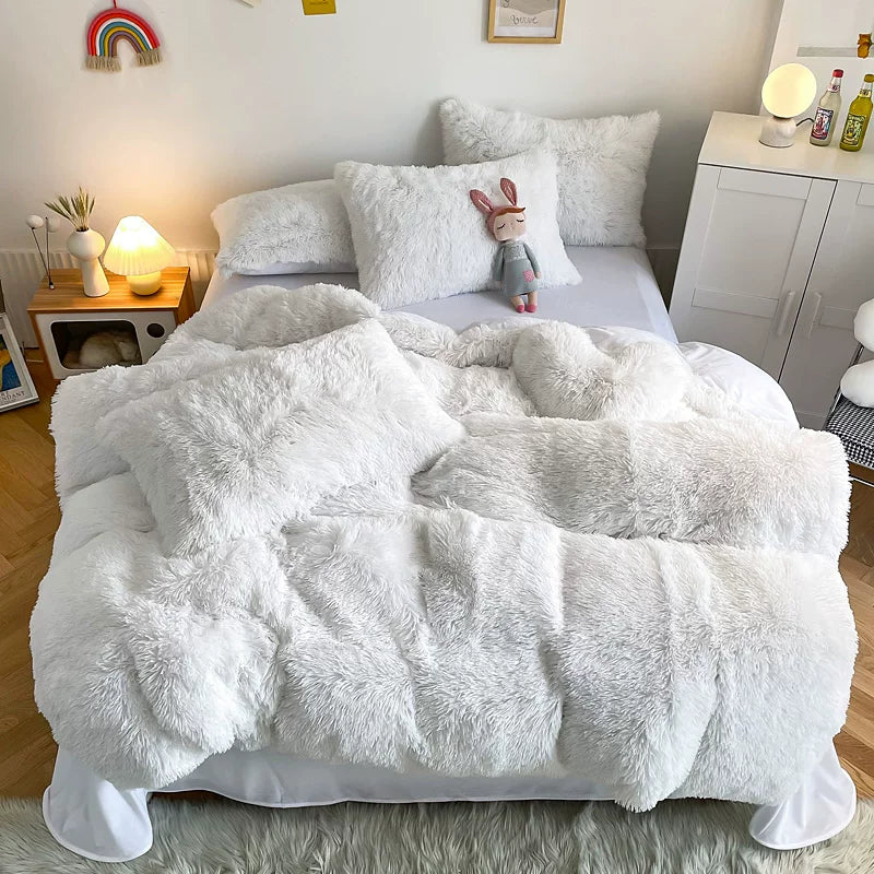 White Wave Fox Colorful Plush Mink Fur Four-Piece Coral Velvet Winter Flannel Duvet Cover Double-Sided Velvet Bed Sheet Fitted Sheet Good Vibrations