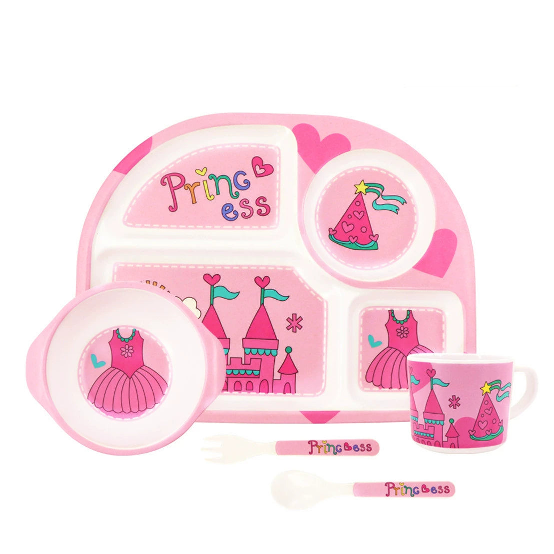 Bamboo Fiber Kids Tableware Kids Set Cartoon Grid Plate Baby Rice Bowl Drop-Resistant Spork Chopsticks Complementary Food Good Vibrations