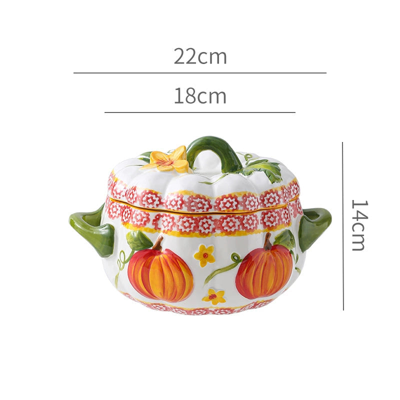Pumpkin-Shaped Soup Bowl with Lid, Double-Handle Ceramic High-Temperature Resistant Lard Container, Can Be Stored in the Refrigerator, Large Stew Pot Good Vibrations