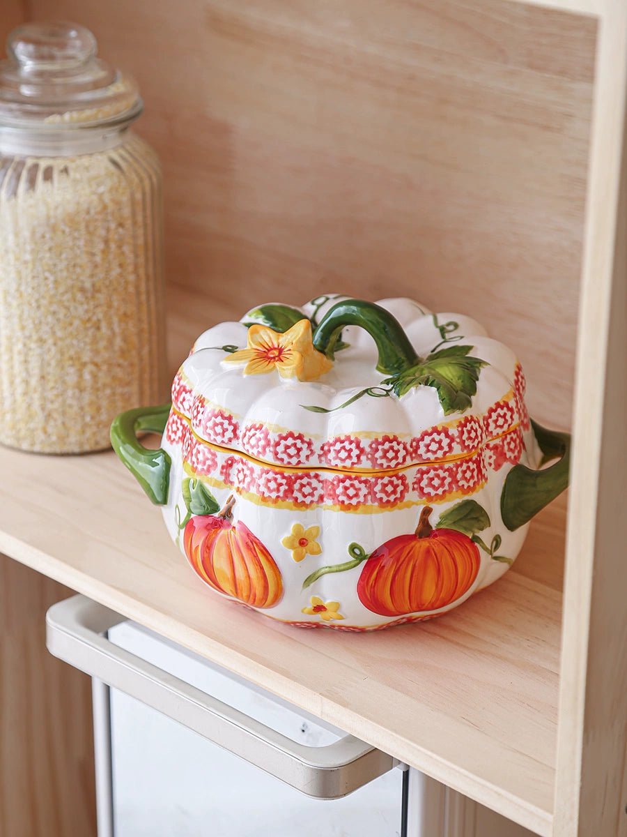 Pumpkin-Shaped Soup Bowl with Lid, Double-Handle Ceramic High-Temperature Resistant Lard Container, Can Be Stored in the Refrigerator, Large Stew Pot Good Vibrations
