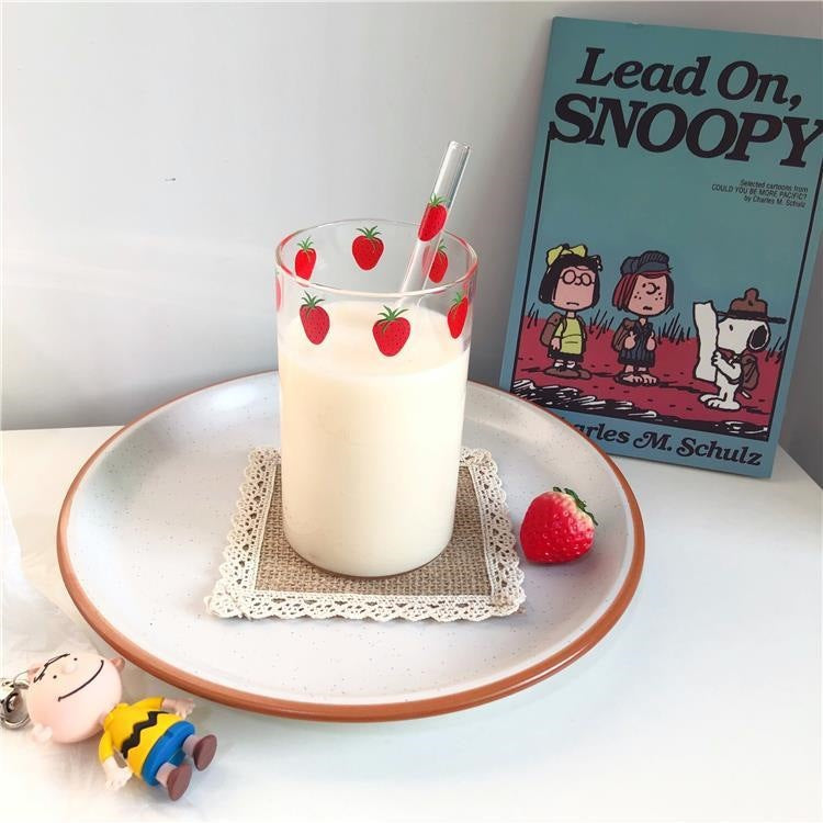 300ml Strawberry Cute Glass Cup With Straw Creative Transparent Water Cup Student Milk Heat Resistant Glass Nana Good Vibrations