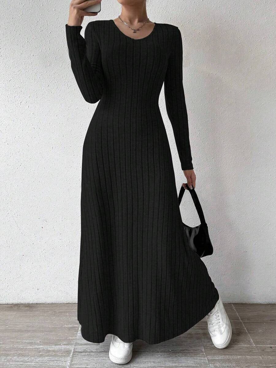 European and American Cross-Border Amazon Dress Slim Fashion Women's Knitted Pure Color Long-Sleeved A-Line Street Long Skirt for Women Good Vibrations