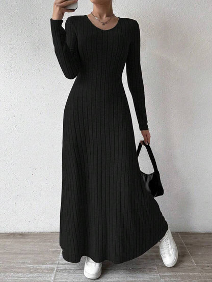 European and American Cross-Border Amazon Dress Slim Fashion Women's Knitted Pure Color Long-Sleeved A-Line Street Long Skirt for Women Good Vibrations