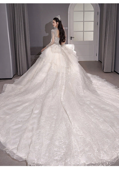 Long Sleeves Main Wedding Dress 2024 Bride New Arrival French Princess on the Run Pregnant Women Small Winter Long Tail Wedding Veil Good Vibrations