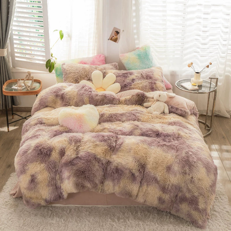 White Wave Fox Colorful Plush Mink Fur Four-Piece Coral Velvet Winter Flannel Duvet Cover Double-Sided Velvet Bed Sheet Fitted Sheet Good Vibrations