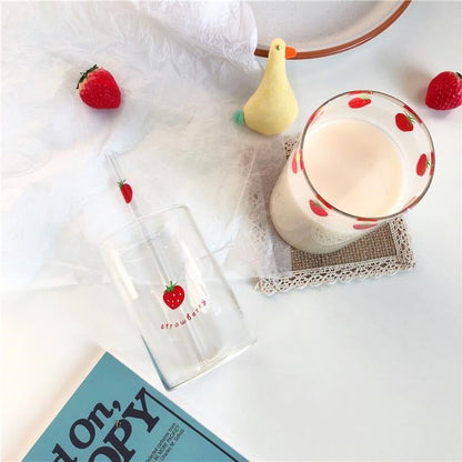 300ml Strawberry Cute Glass Cup With Straw Creative Transparent Water Cup Student Milk Heat Resistant Glass Nana Good Vibrations