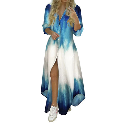 Printed Single Brewed Split Shirt Dress Floral Print Slit Shirt Dress Good Vibrations