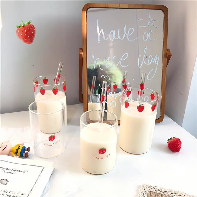 300ml Strawberry Cute Glass Cup With Straw Creative Transparent Water Cup Student Milk Heat Resistant Glass Nana Good Vibrations