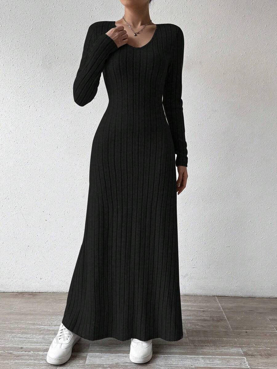 European and American Cross-Border Amazon Dress Slim Fashion Women's Knitted Pure Color Long-Sleeved A-Line Street Long Skirt for Women Good Vibrations