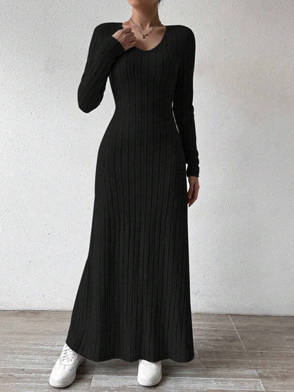 European and American Cross-Border Amazon Dress Slim Fashion Women's Knitted Pure Color Long-Sleeved A-Line Street Long Skirt for Women Good Vibrations