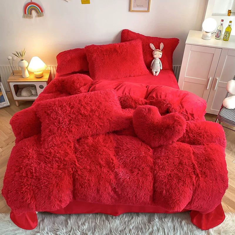 White Wave Fox Colorful Plush Mink Fur Four-Piece Coral Velvet Winter Flannel Duvet Cover Double-Sided Velvet Bed Sheet Fitted Sheet Good Vibrations