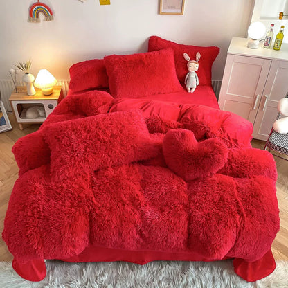 White Wave Fox Colorful Plush Mink Fur Four-Piece Coral Velvet Winter Flannel Duvet Cover Double-Sided Velvet Bed Sheet Fitted Sheet Good Vibrations