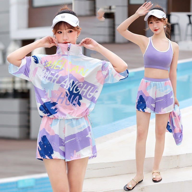 Sports Swimsuit Women's Split Bikini Three-piece Set Small Chest Gathering Belly Covering Slimming Conservative Flat-angle Hot Spring Swimsuit Good Vibrations