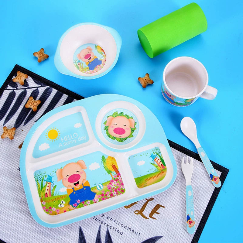 Bamboo Fiber Kids Tableware Kids Set Cartoon Grid Plate Baby Rice Bowl Drop-Resistant Spork Chopsticks Complementary Food Good Vibrations