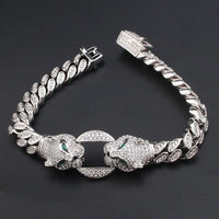 Double Leopard Head Bracelet Men White Gold Color Ponytail Woven Rhinestone-Encrusted Jewelry Stylish Fashion European and American Style Domineering Good Vibrations