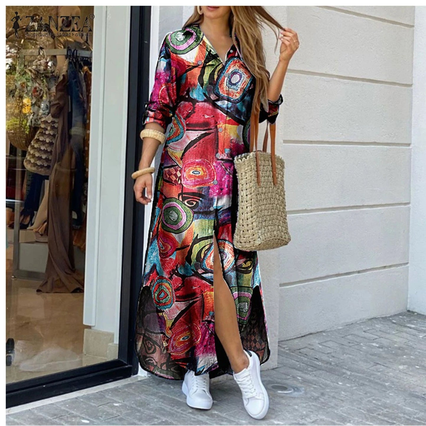 Printed Single Brewed Split Shirt Dress Floral Print Slit Shirt Dress Good Vibrations