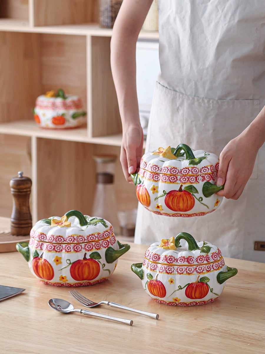 Pumpkin-Shaped Soup Bowl with Lid, Double-Handle Ceramic High-Temperature Resistant Lard Container, Can Be Stored in the Refrigerator, Large Stew Pot Good Vibrations