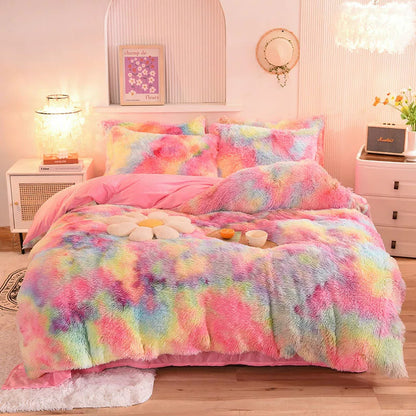 White Wave Fox Colorful Plush Mink Fur Four-Piece Coral Velvet Winter Flannel Duvet Cover Double-Sided Velvet Bed Sheet Fitted Sheet Good Vibrations