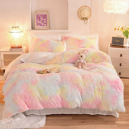 White Wave Fox Colorful Plush Mink Fur Four-Piece Coral Velvet Winter Flannel Duvet Cover Double-Sided Velvet Bed Sheet Fitted Sheet Good Vibrations