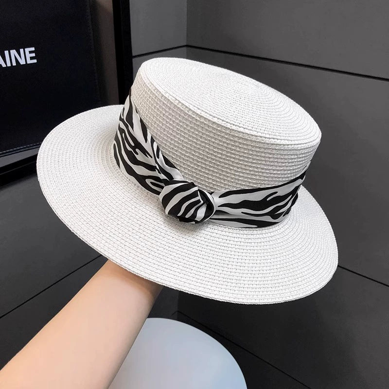 2025 Summer Hot-Selling French Straw Hat Flat Top Women's Vintage Zebra Outdoor Vacation Sun Protection Hat Good Vibrations