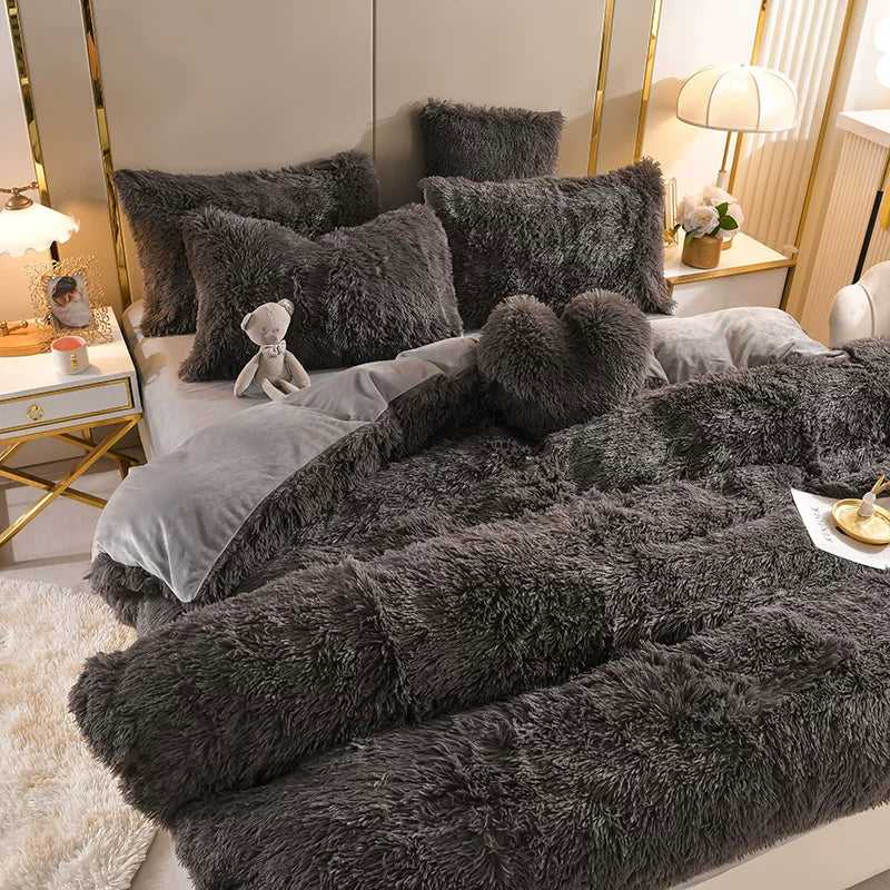 White Wave Fox Colorful Plush Mink Fur Four-Piece Coral Velvet Winter Flannel Duvet Cover Double-Sided Velvet Bed Sheet Fitted Sheet Good Vibrations