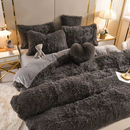 White Wave Fox Colorful Plush Mink Fur Four-Piece Coral Velvet Winter Flannel Duvet Cover Double-Sided Velvet Bed Sheet Fitted Sheet Good Vibrations
