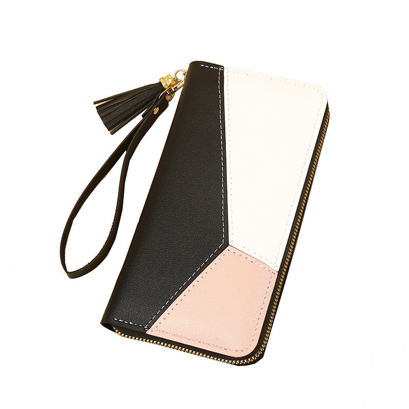 Korean Version 2025 New Women's Wallet with Color-Blocking, Long Wallet with Zipper and Tassel, Large Capacity Wholesale Storage Good Vibrations