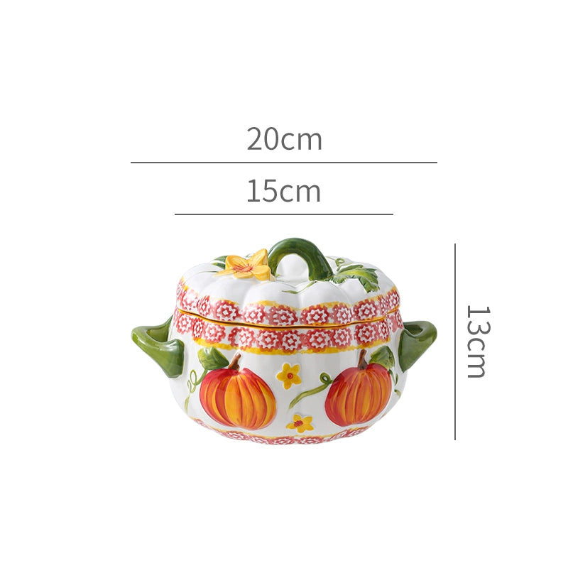 Pumpkin-Shaped Soup Bowl with Lid, Double-Handle Ceramic High-Temperature Resistant Lard Container, Can Be Stored in the Refrigerator, Large Stew Pot Good Vibrations