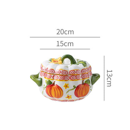Pumpkin-Shaped Soup Bowl with Lid, Double-Handle Ceramic High-Temperature Resistant Lard Container, Can Be Stored in the Refrigerator, Large Stew Pot Good Vibrations