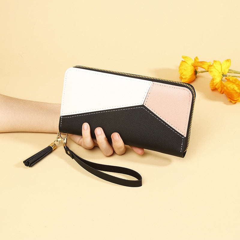 Korean Version 2025 New Women's Wallet with Color-Blocking, Long Wallet with Zipper and Tassel, Large Capacity Wholesale Storage Good Vibrations