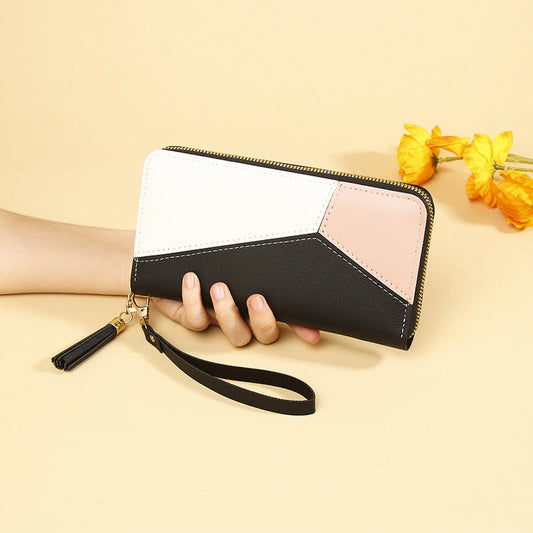 Korean Version 2025 New Women's Wallet with Color-Blocking, Long Wallet with Zipper and Tassel, Large Capacity Wholesale Storage Good Vibrations