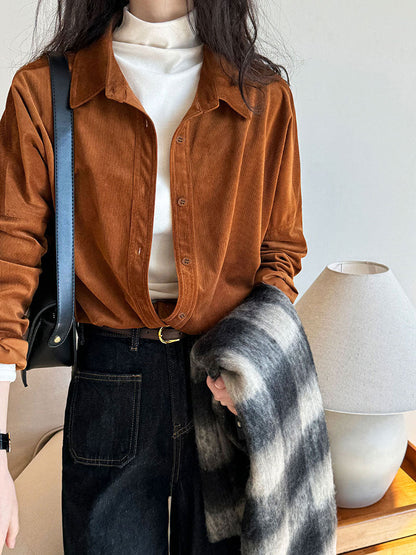 Lushi Japanese-Style Minimalist Thickened Brushed Corduroy Shirt for Women 2025 Autumn Inner Layering Base Shirt 3378 Good Vibrations