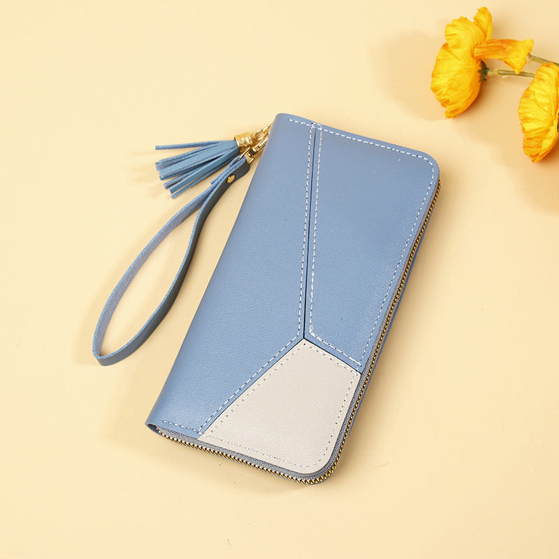 Korean Version 2025 New Women's Wallet with Color-Blocking, Long Wallet with Zipper and Tassel, Large Capacity Wholesale Storage Good Vibrations