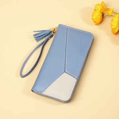 Korean Version 2025 New Women's Wallet with Color-Blocking, Long Wallet with Zipper and Tassel, Large Capacity Wholesale Storage Good Vibrations