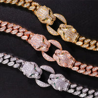 Double Leopard Head Bracelet Men White Gold Color Ponytail Woven Rhinestone-Encrusted Jewelry Stylish Fashion European and American Style Domineering Good Vibrations