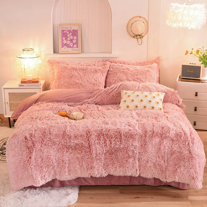 White Wave Fox Colorful Plush Mink Fur Four-Piece Coral Velvet Winter Flannel Duvet Cover Double-Sided Velvet Bed Sheet Fitted Sheet Good Vibrations