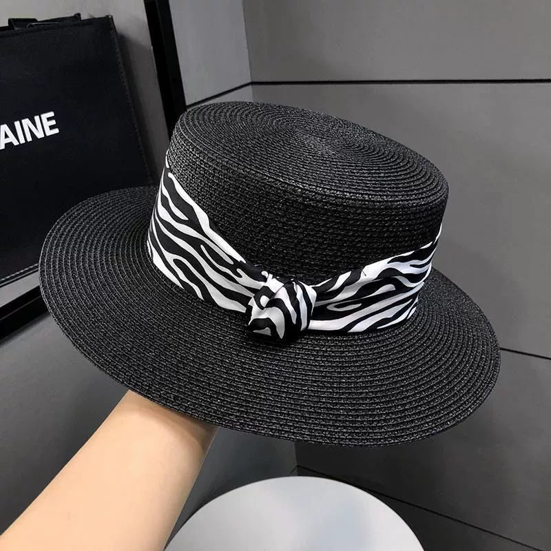 2025 Summer Hot-Selling French Straw Hat Flat Top Women's Vintage Zebra Outdoor Vacation Sun Protection Hat Good Vibrations