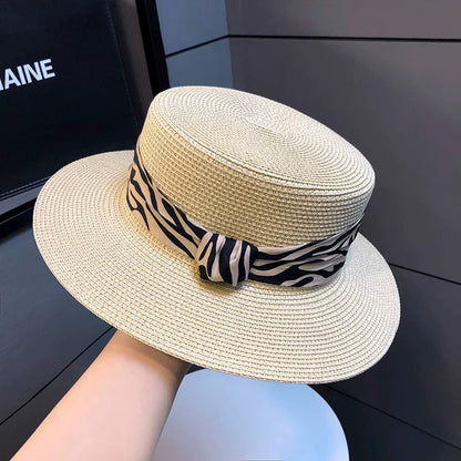 2025 Summer Hot-Selling French Straw Hat Flat Top Women's Vintage Zebra Outdoor Vacation Sun Protection Hat Good Vibrations