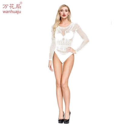 Sexy European and American Sexy Jacquard Long-Sleeved Jumpsuit Mesh Stockings GOOD Vibrations